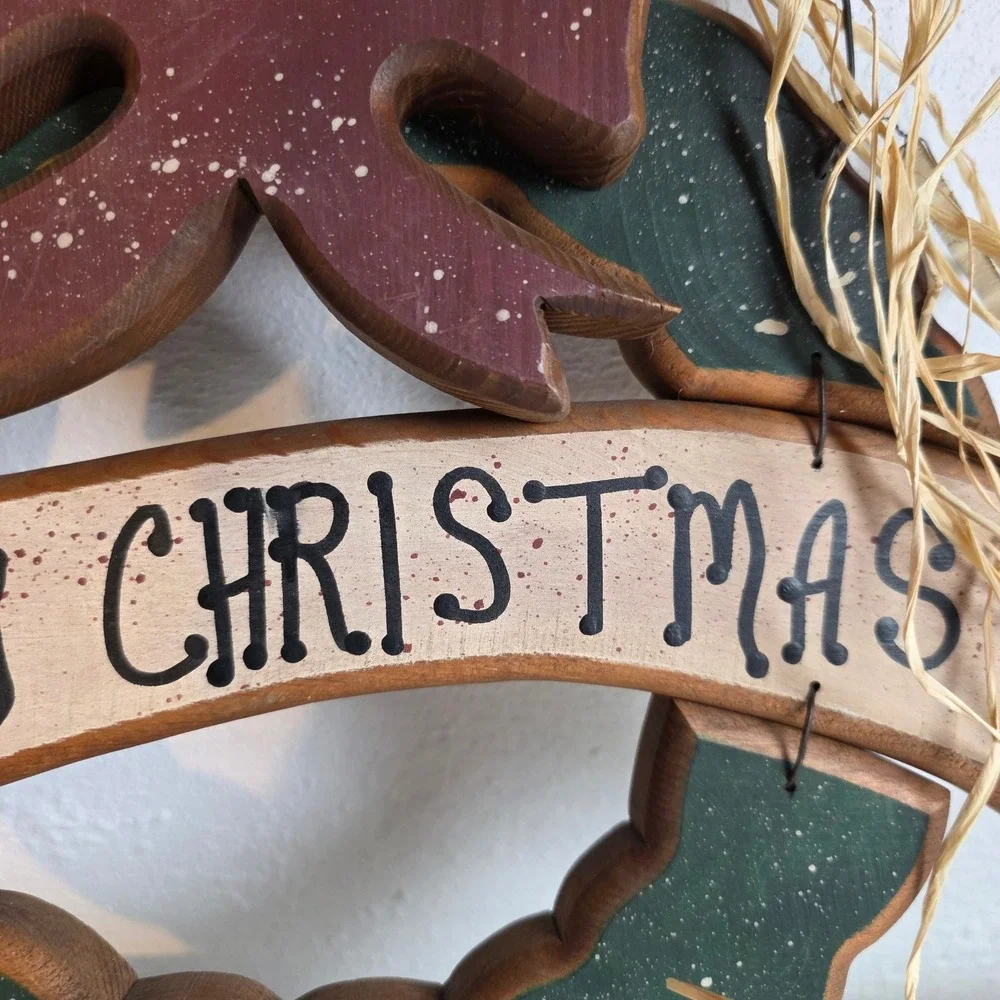 Rustic 90s Wood Merry Christmas Wreath Wall Door Hanging Country Green Bow